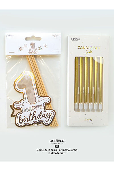 partince 1 Yaş Parti Malzemeleri Pasta Süsü Cake Topper ve Metalik Gold Mum D...
