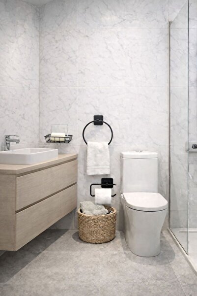 MayCap 3'lü Yapışkanlı Paslanmaz Banyo Seti Sabunluklu Tuvalet Kağıtlığı Siyah