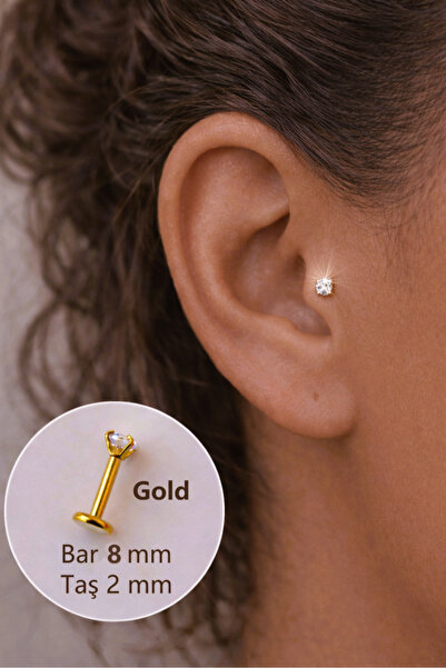 Sacce Scarves&Accessories 2 mm Tektaşlı 8 mm Çelik Piercing Gold Renkli