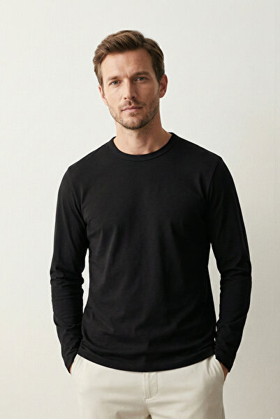 Elemge %100 Pamuk Erkek Süprem Basic T-Shirt Compact Penye Tok Kumaş Uzun Kol...