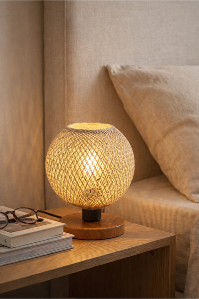 HOMİNG Küre Jüt Ipli Ahşap Tabanlı Abajur Sık Dokumalı A Kalite Başlık