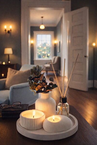 EVROSİ Dekoratif tepside 5li Vazo,Kokulu Mum ve Oda kokusu seti (Bitki Dahil ...