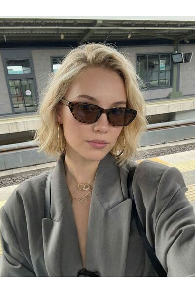 VEGA EYEWEAR Leopar Çerçeve Kahverengi cam Çekik Cat Eye Minik Çekik Trend Kü...