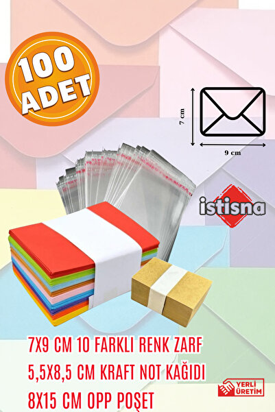 İstisna 100 Adet 7x9 Cm Renkli Zarf Kraft Not Kağıdı ve Opp Poşet Hediyeli Se...