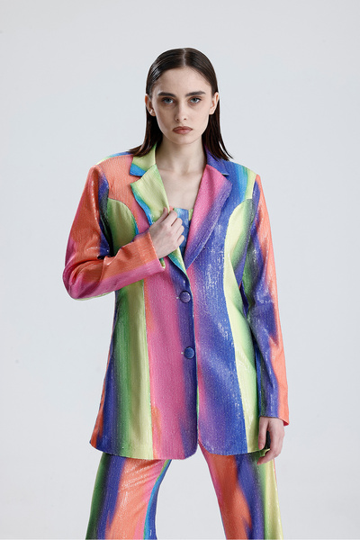 Sense Lined Patterned Evening Dress Sequin Jacket |   Ckt34264 Rainbow