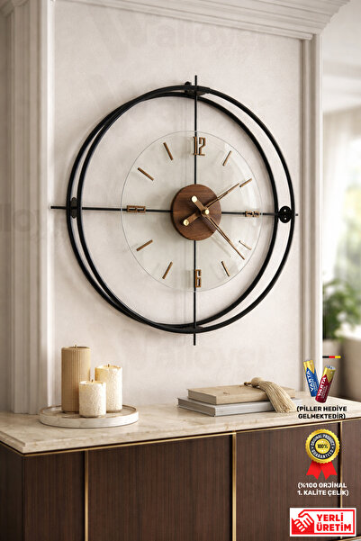 Wallover Design Büyük Boy Jumbo Sessiz Duvar Saati, Siyah/Ceviz Detaylı Sessi...