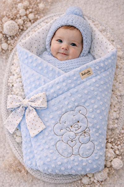 Bebella بطانية أطفال من القمح الأزرق للرجال مع غطاء/لحاف مطرز على شكل دب للمس...