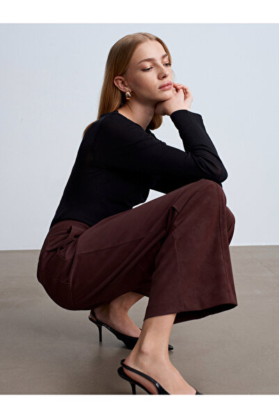 Dilvin 72257 Suede Trousers with Stitching Detail - Burgundy