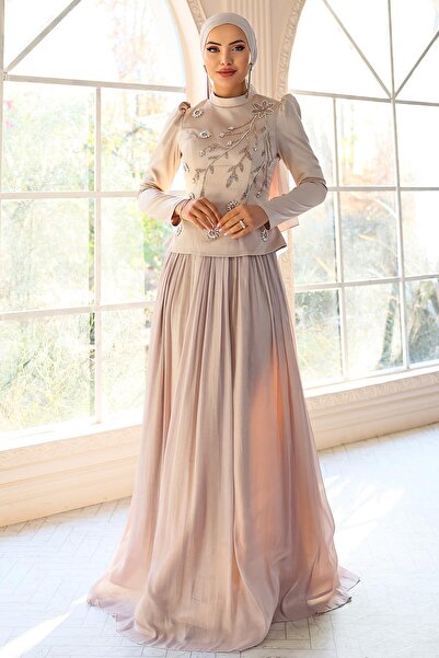 Olcay Vorne mit Steinen besticktes Satin-Yoryo-Seiden-Kombinations-Tesettür-A...