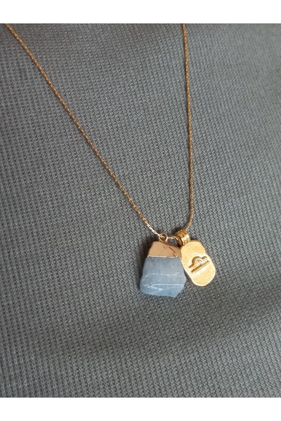 LemaStone Terazi burcu ile uyumlu ham akuamarin taşlı çelik kolye