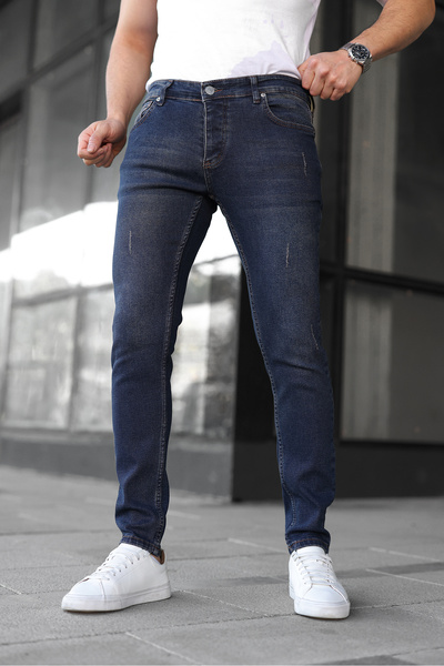 ENERJİN بنطلون جينز ليكرا ضيق للرجال بلون بني مع أطراف مزركشة