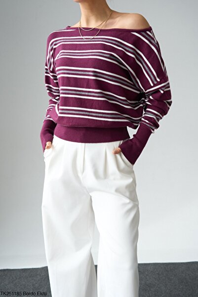 Mars Mürdüm Çizgili Kayık Yaka Triko Kazak