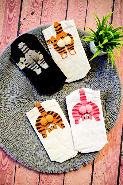 ZEYZEY MONKEY 4'lü Unisex Kedi Desenli Ponpon Aksesuarlı Özel Tasarım Çorap Seti