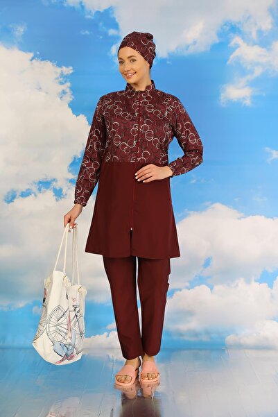 Akbeniz Claret Red Patterned Full Hijab Trousers Swimsuit - Women 31075