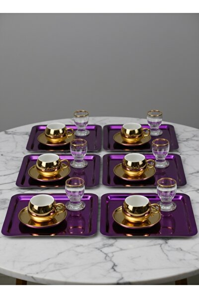 SİNİ Paslanmaz Çelik 6 Adet Kare Lüx Pembe Kahve, Çay Sunum Servis Tepsisi