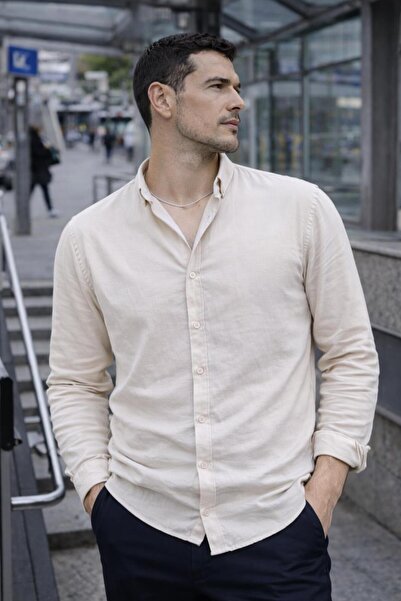 Valiberta Scott – Soft Textured Half Oversized Modern Men's Shirt - Beige