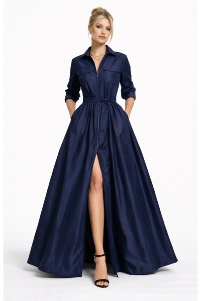 UNTIMELY فستان ماكسي تافتا أنيق مع سحاب أمامي وتفاصيل عملية