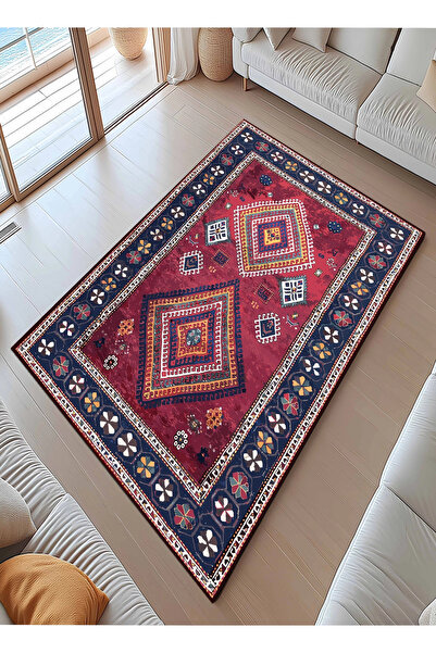 BLGHOME ÇERÇEVE MOTİF DETAYLI ETNİK DESEN RENK UYUM MODERN HALI DEKORATİF KİLİM