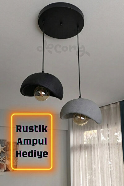 decory Beton Görünümlü 2'li Sarkıt Avize, Bohem Sarkıt Avize (Rustik Ampul He...
