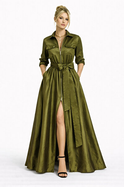 MERT ERKAN Front Zipper & Utility Detailed Oil Green Maxi Taffeta Dress