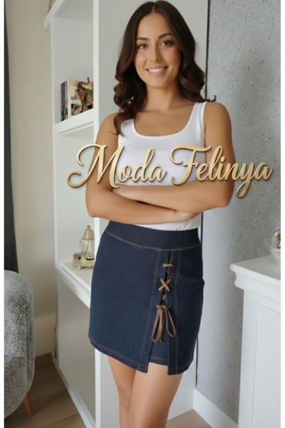 moda felinya Lace-Up Lycra Denim Look Denim Shorts Skirt