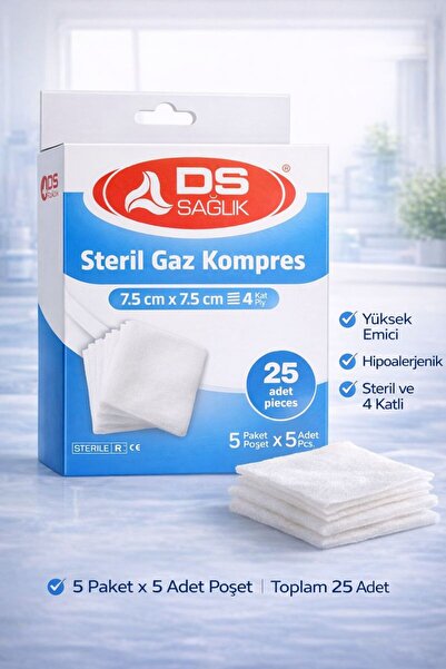 DS PLUS Spanç Gaz Kompres 7,5 cm x 7,5 cm 1 Kutu 5 Lİ Zarf (25 Adet)