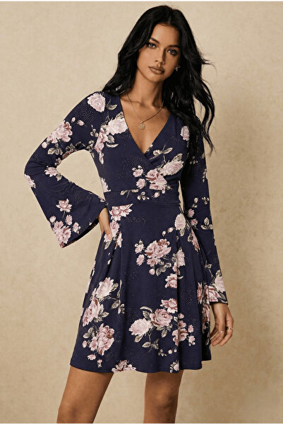 ESPİNA Women's Skirt Pleated Spanish Sleeve Stone Printed Avenlop Mini Dress