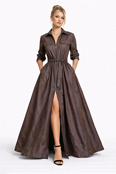 UNTIMELY فستان طويل من التفتا مع انعكاس أرجواني وبسحاب أمامي وتفاصيل عملية