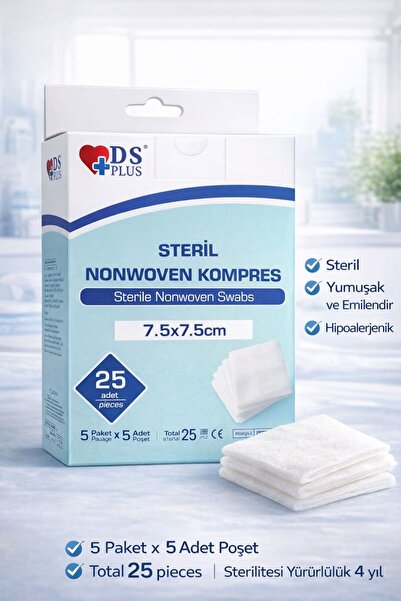 DS PLUS Spanç Nonwoven Kompres 7,5 cm x 7,5 cm 1 Kutu 5 Lİ Zarf (25 Adet)