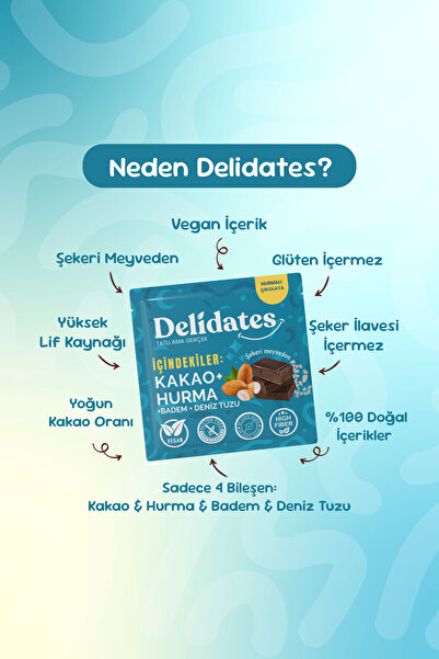 Delidates Bademli & Deniz Tuzlu Hurmalı Bitter Çikolata | Şekeri Meyveden X 4 Adet