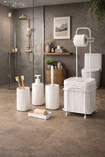 Ne Dilersen Lüks 5'li Banyo Seti Metal Standlı Tuvalet Wc Kağıtlık Şık Tasarım