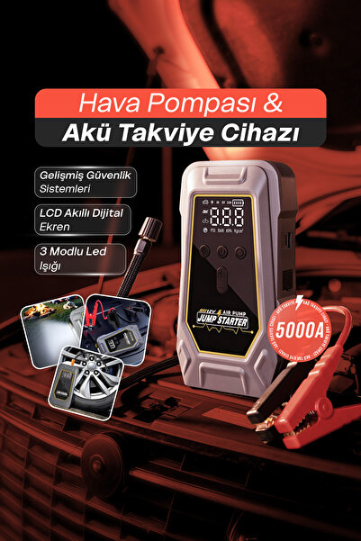 EN SİGA Hava Kompresörlü 12.000 MAH Akü Takviye Cihazı 3 Kat Hızlı Şişirme Ta...