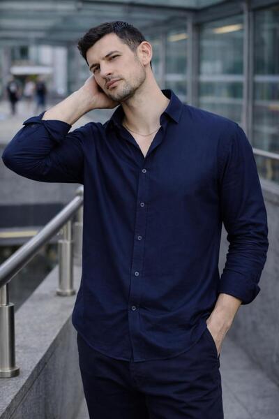 Valiberta Scott – Soft Textured Half Oversized Modern Men's Shirt - Navy Blue