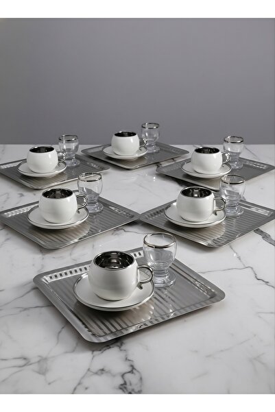 SİNİ Paslanmaz Çelik 6 Adet Kare Lüx Desenli Gümüş Ad-15 Kahve, Çay Sunum Ser...