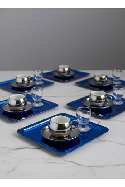 SİNİ Paslanmaz Çelik 6 Adet Kare Lüx Mavi Kahve, Çay Sunum Servis Tepsisi