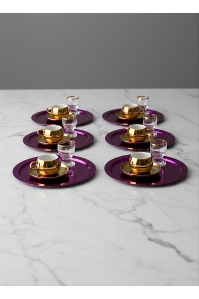 SİNİ Paslanmaz Çelik 6 Adet Yuvarlak Lüx Pembe Kahve, Çay Sunum Servis Tepsisi