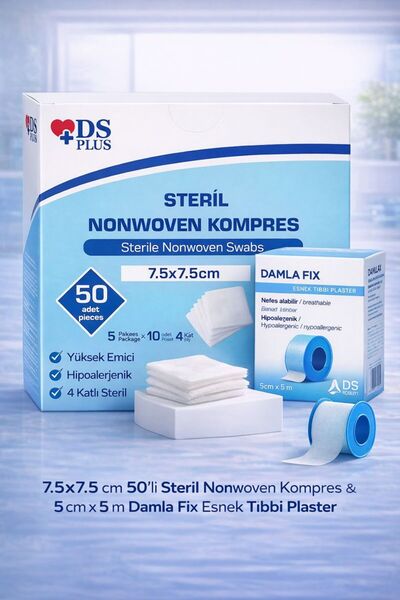 DS PLUS Spanç Nonwoven Kompres 7,5 cm x 7,5 cm 1 Kutu 5 Lİ Zarf (50 Adet) 5cm...