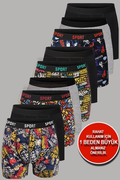 DeeAn Patterned Plain Mixed Men's 9-Pack Cotton Boxers