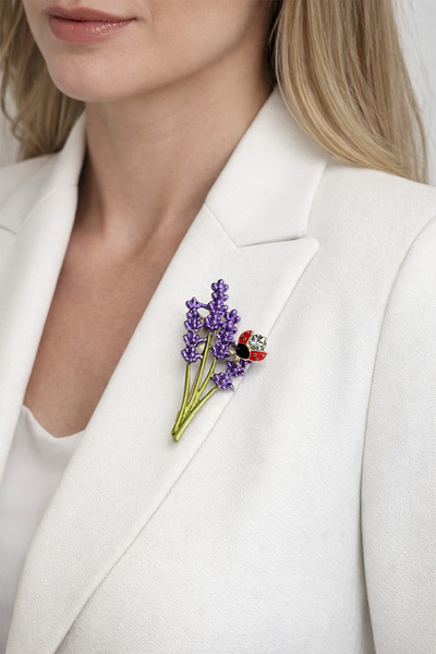 Modex Uğur Böceği Detay Lavanta Çiçeği Broş (5cm)