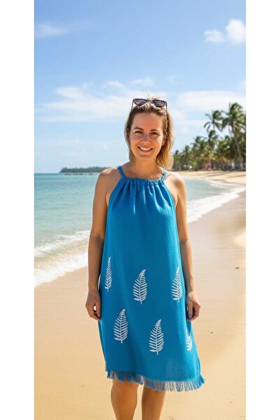 Nevin Acar فستان شاطئ منقوش عليه أوراق بنزين مع أشرطة مربوطة