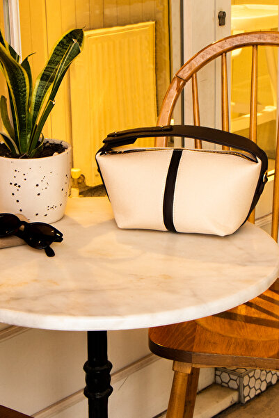 ALURA LUXE Krem Siyah Detaylı Şeritli Canvas El ve Omuz Çantası-Kişiselleştir...