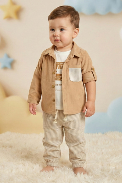 Cattac Kids CattacKids | Erkek Çocuk Bej Gömlek ve Çizgili Pantolon Takımı (2...
