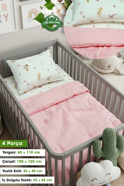 Yada Baby %100 Pamuk Müslin Kumaştan 4 Parça Yeni Doğan Bebek Yorganı Seti 60...