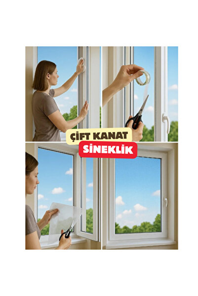 EVİST 130x150 + 5 Cm Hazır Pencere Sinekliği 4 Mt Bant Hediye Tak Çıkar Tül C...