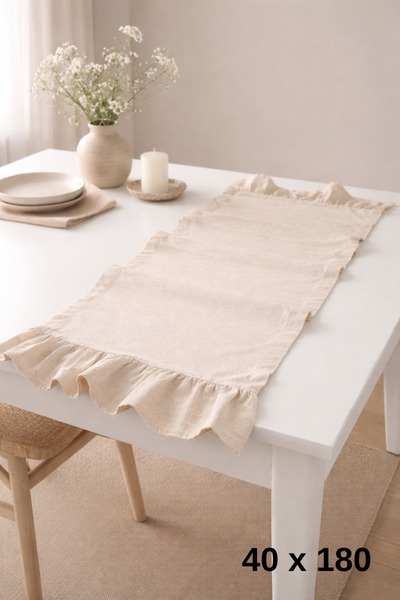 MZN Home 2 Kenar Fırfırlı Bej Keten Runner 40x180 cm – %100 Doğal Pamuk