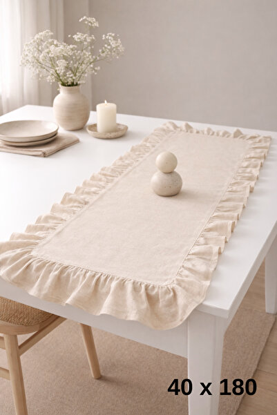 MZN Home 4 Kenar Fırfırlı Bej Keten Runner 40x180 cm – %100 Doğal Pamuk