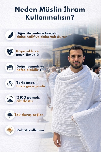Müslingo Premium | 4 Katlı Müslin İhram %100 Pamuk 110x220 Cm Terletmez - Nef...