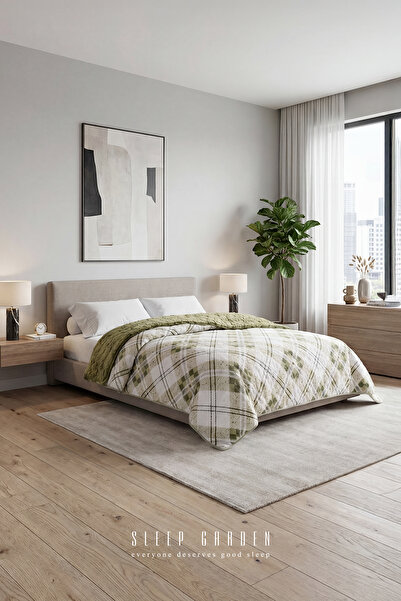 Sleep Garden Yatak Örtüsü/Battaniye Çift Taraflı Yeşil Çizgili Peluş Çift Kiş...