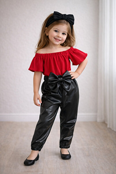 özge başaran Pantaloni cu fundă din piele din Lycra pentru fete, bluză roșie ...