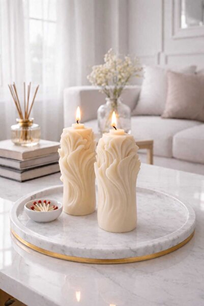 R ROZELLA El Yapımı Dekoratif Beyaz Mum | Modern Dalga Desenli | İkili Set | ...